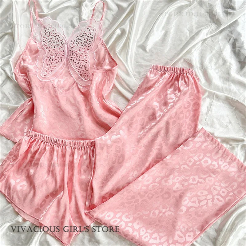 

Сексуальное женское белье, пижамы, комплект из 3 предметов, женская одежда для сна, жаккардовые леопардовые кружевные пижамы с бабочкой, брючный костюм, шелковая атласная домашняя одежда, пижама