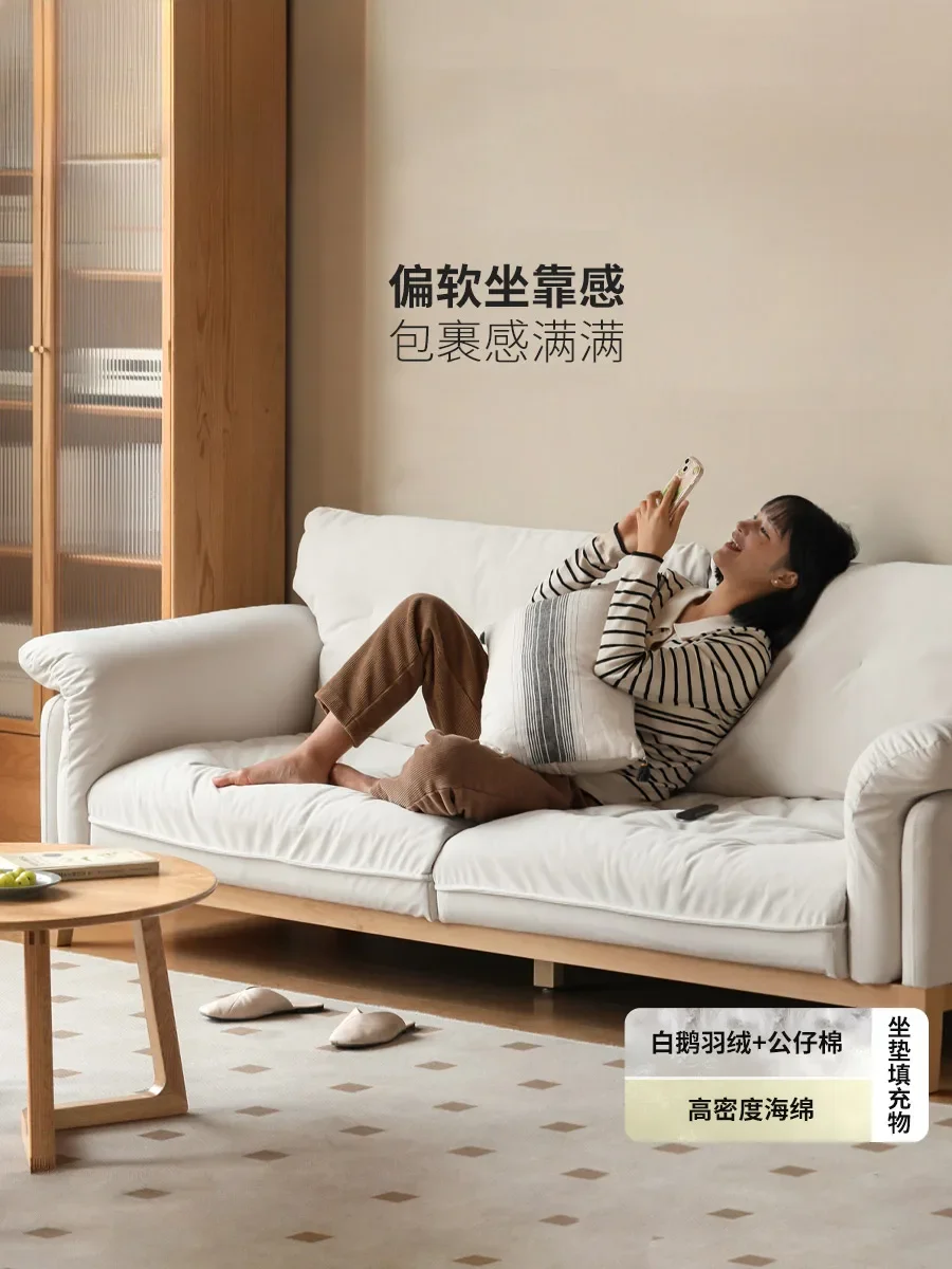 Genji wood language fabric sofa cream wind small apartment living room flannel sofa simple white household straight sofa