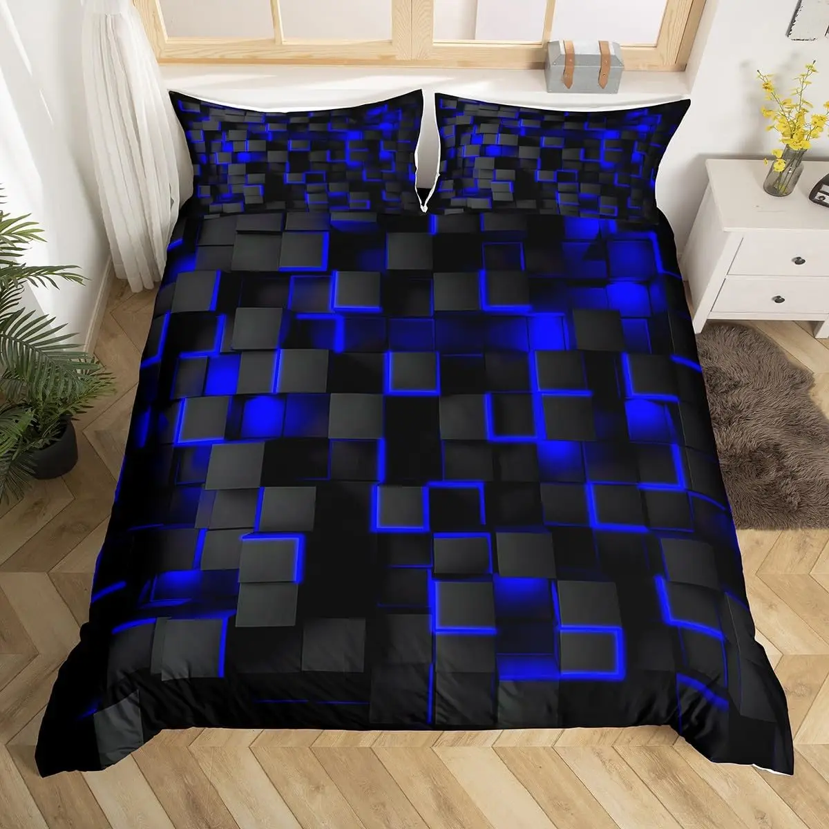 Blue and Black Bedding Duvet Cover Set Light Geometric Bedding Set for Kids Boys Girls Comforter Cover Set Bedspread Cover