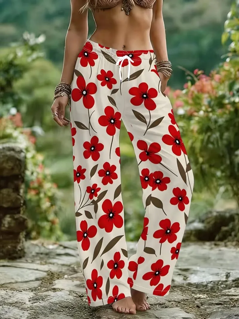 New 3D Floral Print Women's Wide-leg Pants Drawstring Relaxed-Fit Casual Comfortable Breathable Fashionable Wide-Leg Pants