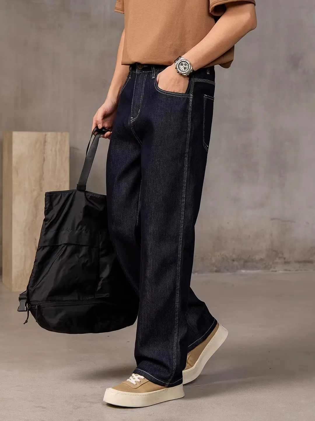 

Loose Straight Leg Original Color Denim Jeans Men's American Retro Sle Casual Simple Wide Leg Pants Comfortable Fit Jeans