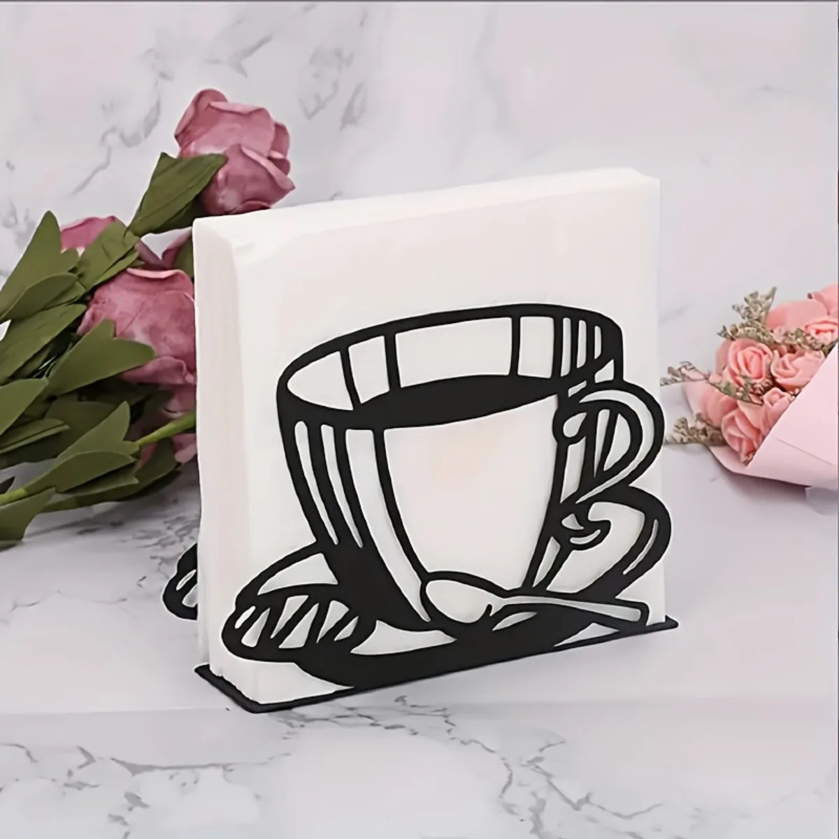 

Black European Style Wrought Iron Napkin Holder, Coffee Cup & Cutlery Shape for Home Restaurant Cafe