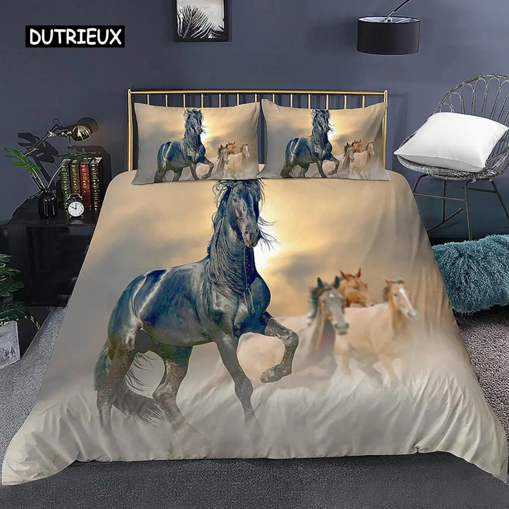 3D Animal Printed Horse Duvet Cover Set, Domineering Galloping Horse Bedding Set 3pcs Polyester Quilt Covers with Pillowcase