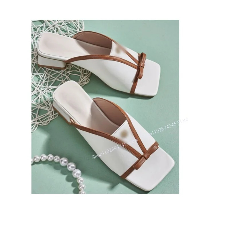 

White Bow Knot Decor Slippers Thick Heel Square Toe Slip on Fashionable Sexy Novel Style Summer Woman Shoes Zapatillas Mujer