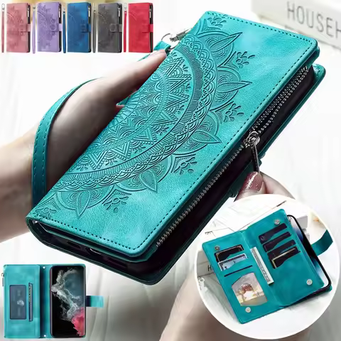 Lanyard Flip Leather Case for Samsung Galaxy S25 Ultra S24 FE S23 S22 S21 S20 Plus Note 20 10 Zipper Wallet Multi Card Bag Cover