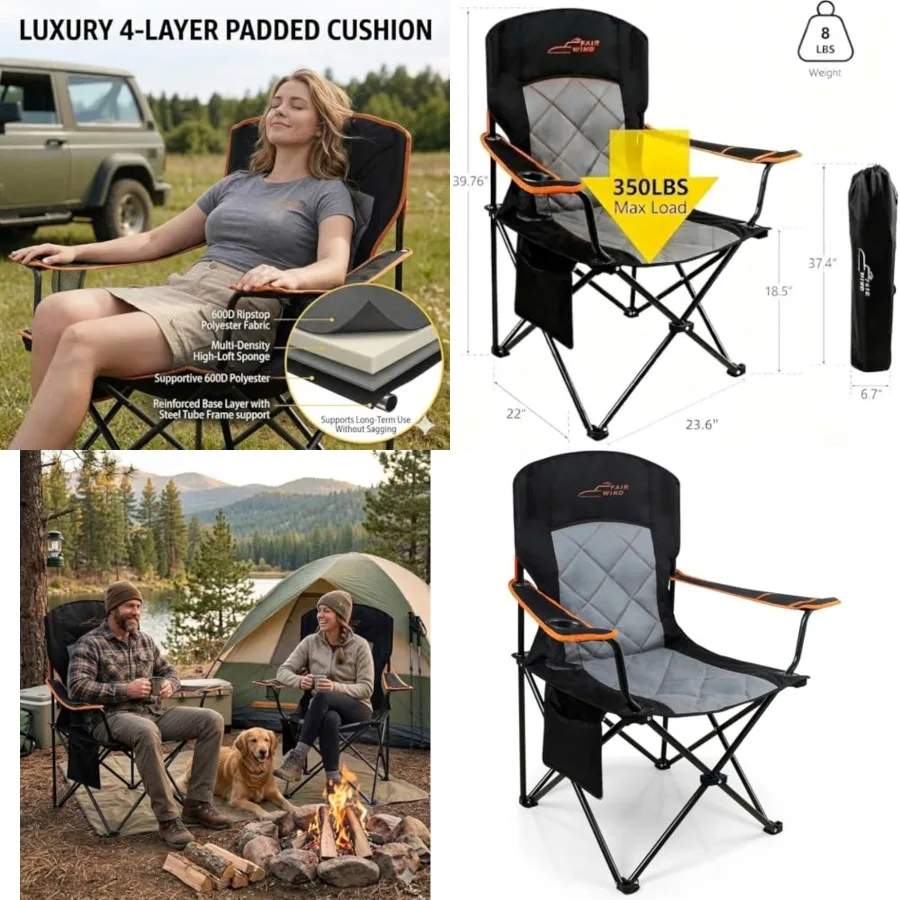 

Oversized Fully Padded Camping Chair, Heavy Duty Quad Fold Chair Arm Chair Support 350 LBS with Cup Holder, Collapsible Lumbar