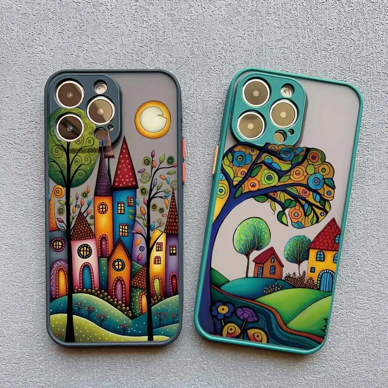 Hand Painted Forest House Phone Case For iphone 11 13 12 Pro Max Mini 16 15 14 Pro Max Plus X XR XS 7 8 Plus Shockproof Cover