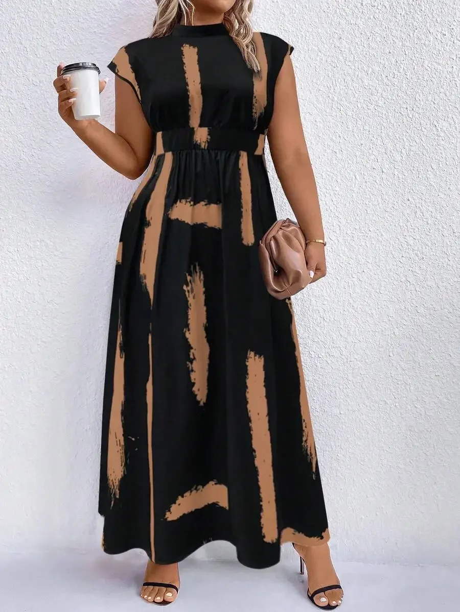 Black And Camel Abstract Print Mock Neck Maxi Dress For Women