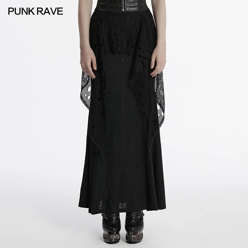PUNK RAVE Women's Punk Minimalist Design Decadent Layered Fish Tail Skirt Daily Irregular Cutting Mesh Black Long Skirts