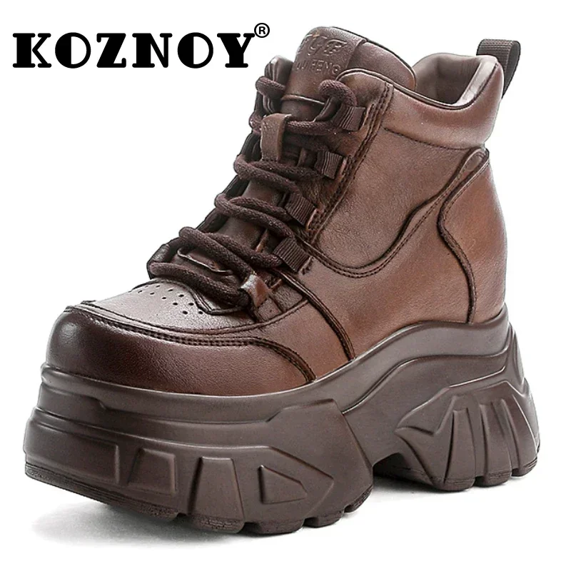

Koznoy 10cm Ankle Boots Genuine Leather Round Toe Chunky Heels Spring Winter Plush Women Fashion Platform Wedge Autumn Shoes