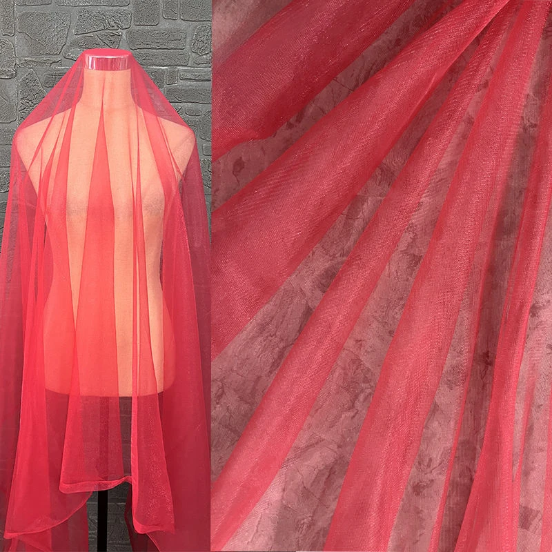 

Red Shiny Silk Screen Fabric Thin and Soft Wedding Veil Wedding Decoration Clothing Designer Fabric