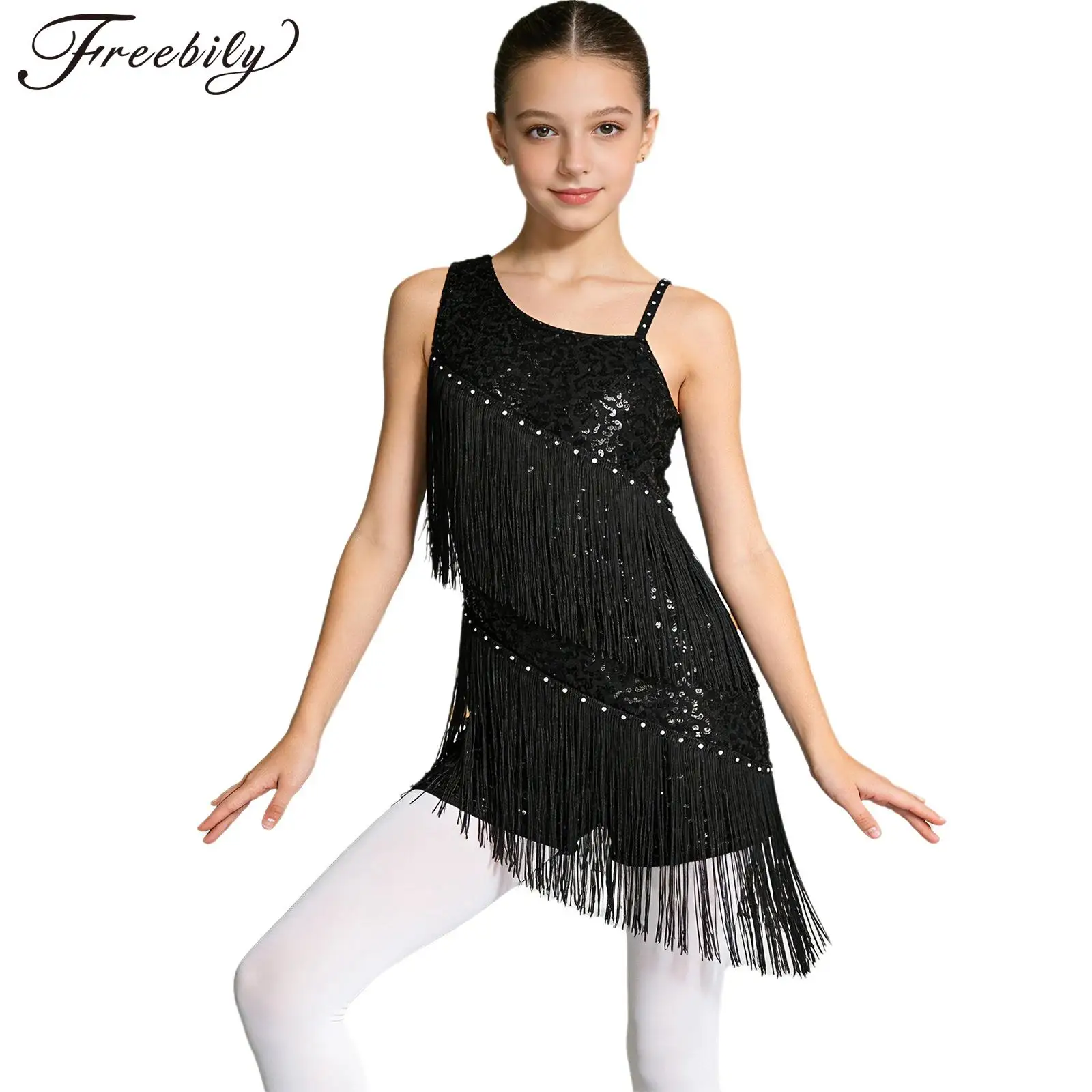 Kids Girls Tassels Latin Dance Leotard Dress Sleeveless Shiny Sequin Fringe Jumpsuit Salsa Tango Chacha Rumba Ballroom Dancewear