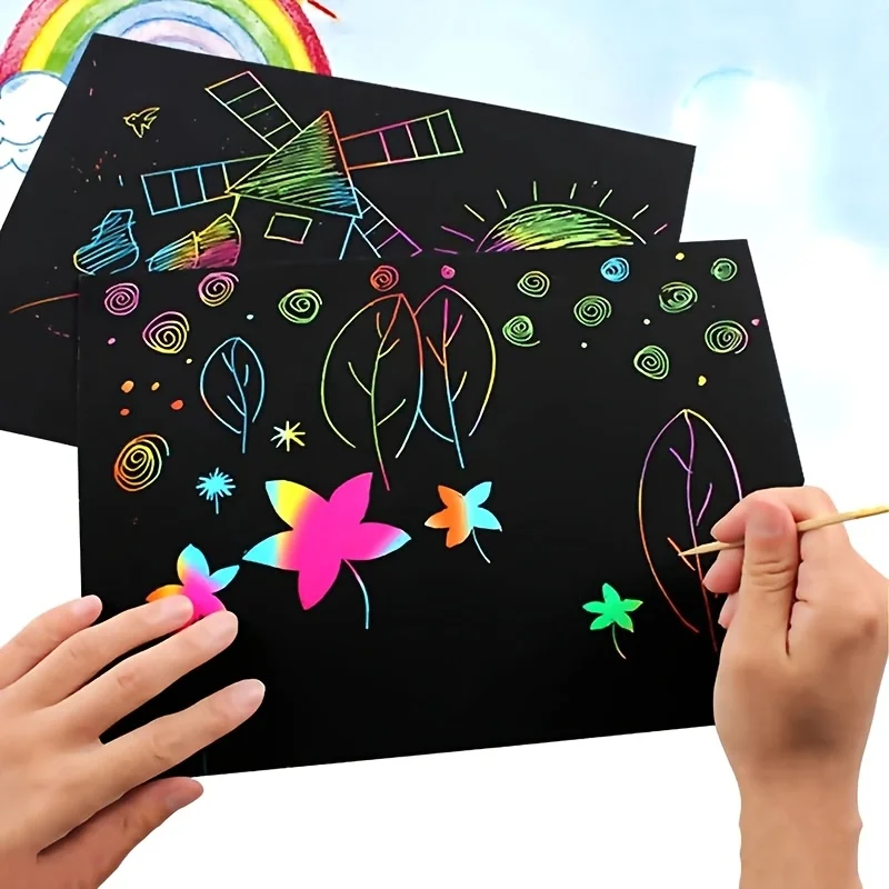 50Pcs A5 Magic Scratch Art Paper Set with Bamboo Pens, Rainbow Craft Sheets, Gift for Kids Birthday, Halloween & Christmas
