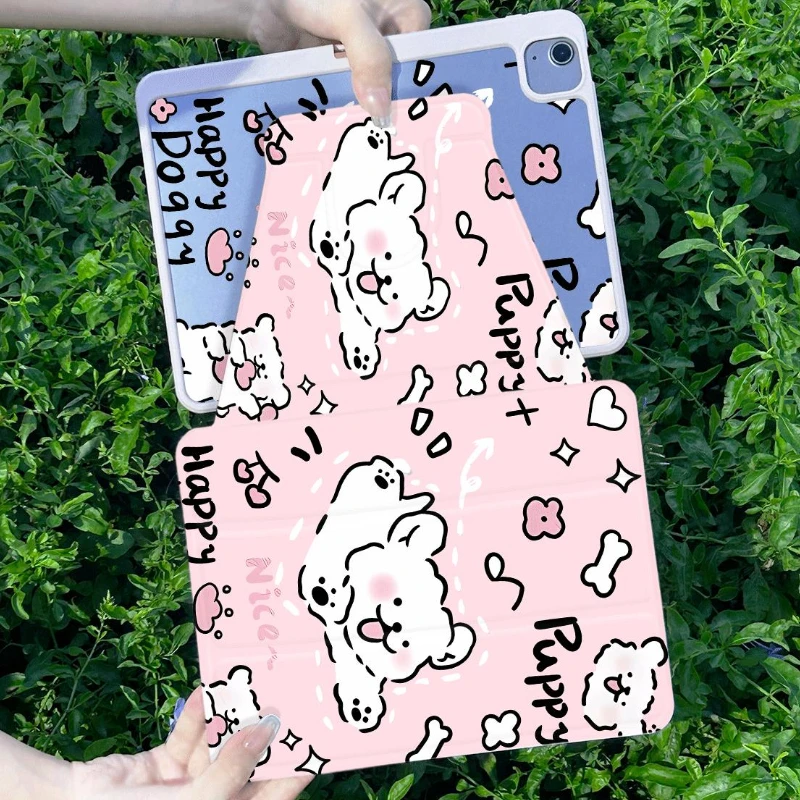 Cute White Puppy Smart Stand Case Cover for IPad Air 4 10.9 2020 Air 5 Ipad 5th 6th Generation IPad 10.2 8th 9th Gen 10th Funda