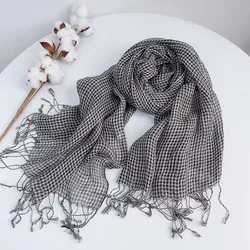 Spring/Summer Small Plaid Tassel Linen Scarf