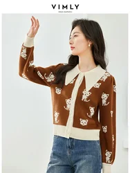 Vimly Cat Jacquard Cute Cardigan Knitwear Women 2023 Autumn Winter Sweater Lantern Sleeve Knit Tops Knitted Jacket Clothes 72369