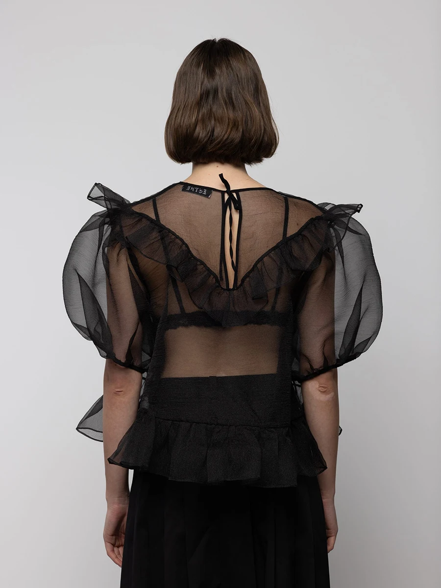 LIMO Round Neck Ruffle Trim Puff Sleeve Sheer Transparent Layering Blouse