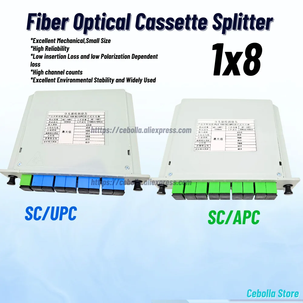 1X8 Fiber Optical PLC Splitter SC/UPC Box Cassette Card Inserting Module 1:8 SC APC Cassette Box Plug-in Type 8Ports