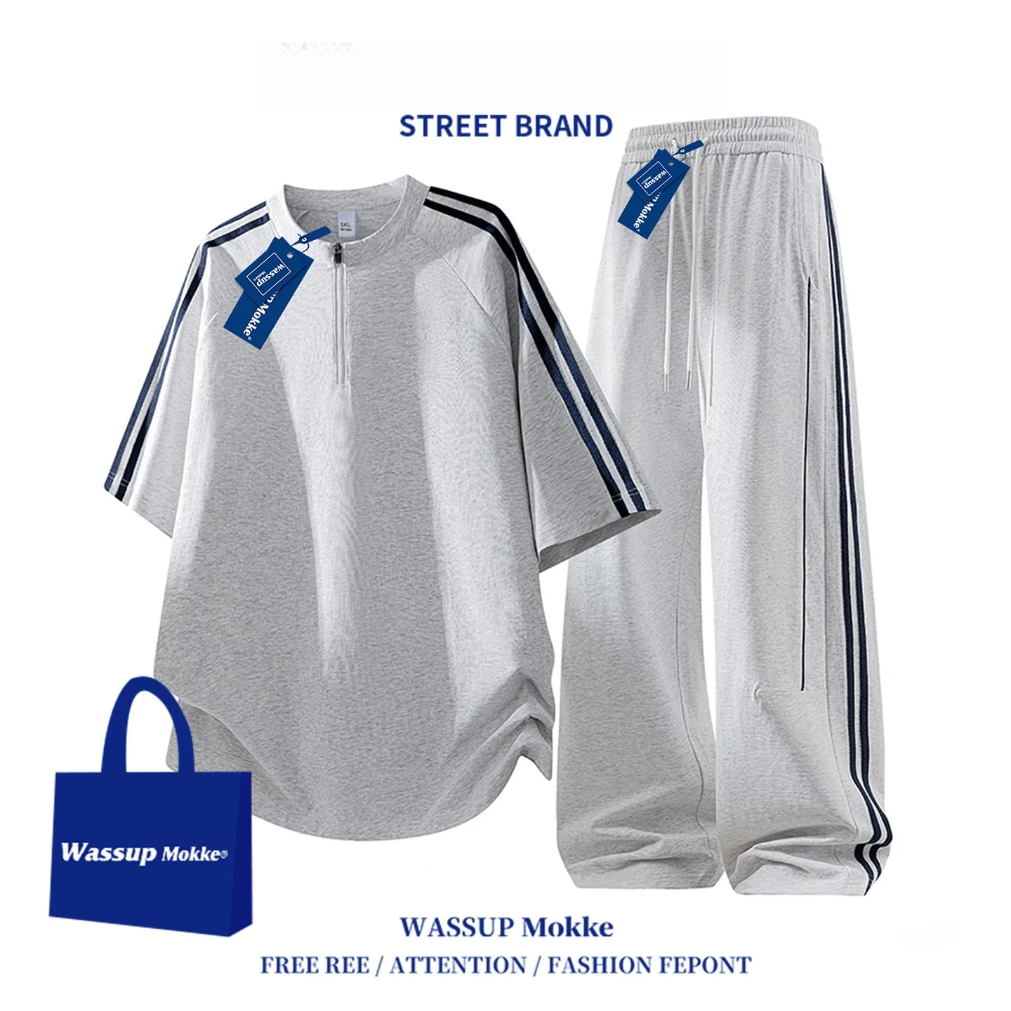 wassup-mokke-summer-sportswear-set-men's-new-short-sleeve-t-shirt-with-casual-pants-couple's-outfit-polyester-fiber-long-pants