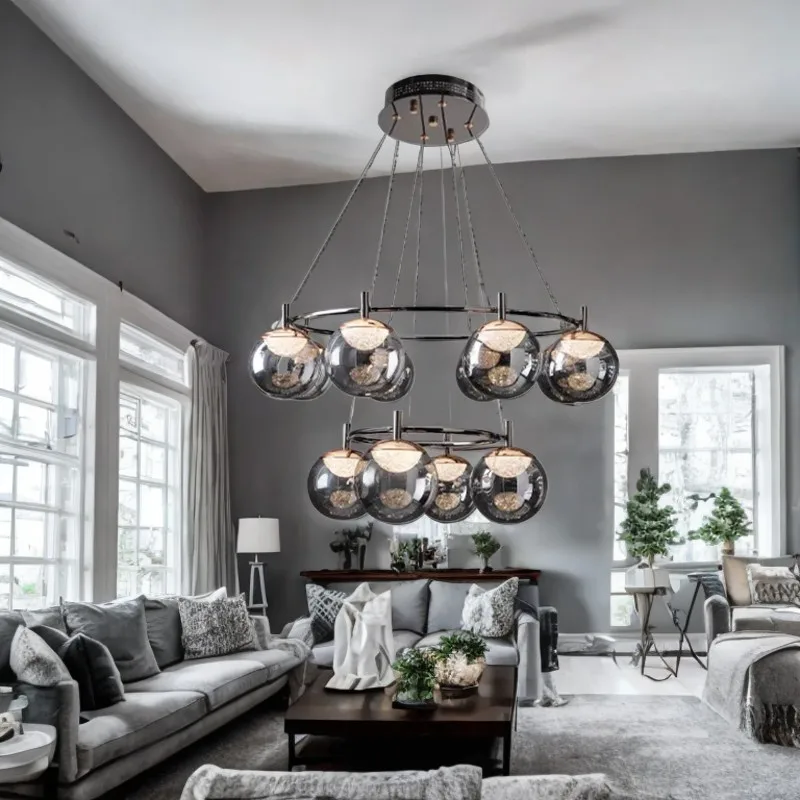 

French Smokey gray Clear Circular chandelier, Brass Hanging lustre Ceiling Suitable for Living room, APP with RC Dimmable
