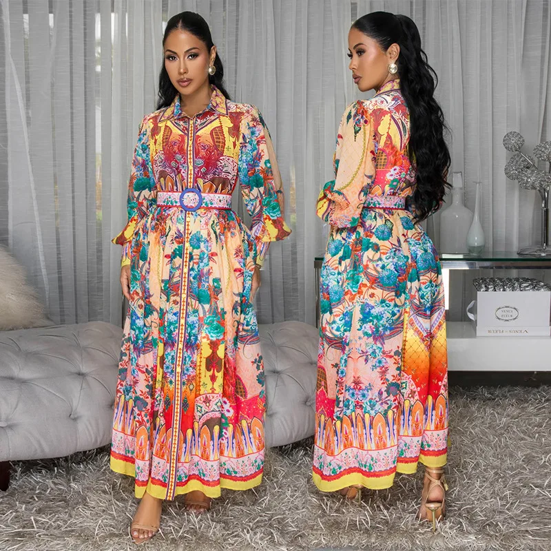 Autumn Lapel Lantern Sleeves Waist Ethnic Style Painting Comfortable Bohemia Dress for Women Vintage Maxi Dresses