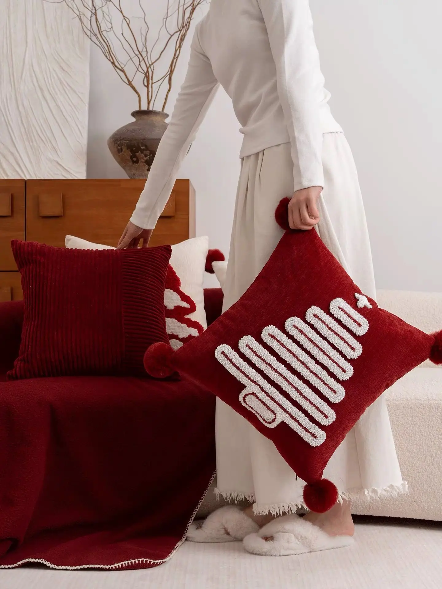 New Year Festive Christmas Tree Embroidered Red Throw Pillow with Pom Poms for Living Room Sofa Light Luxury Cushion