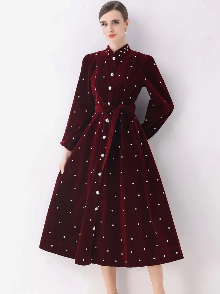 فستان فاخر عتيق مطرز بالخرز من المخمل للنساء موضة خريف وشتاء بأكمام طويلة فساتين قميص طويلة واحدة الصدر INKEO 5D257 #5