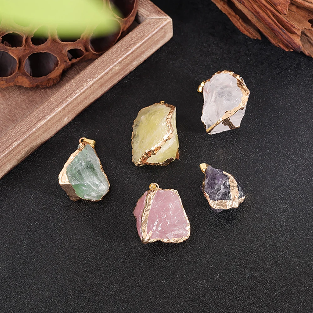 Natural Crystal Irregular Raw Stone Golden Wire Wrapped Gilding Pendant Rose Quartz Fluorite Amethyst Healing Crystals Charms view 3