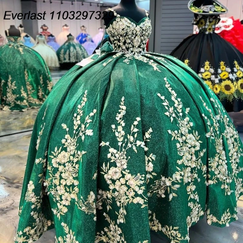 EVLAST-Vestido Quinceanera, Vestido de Baile Verde, Renda Dourada, Miçangas com Applique, Espartilho Cristal, Sweet 16, México, TQD699