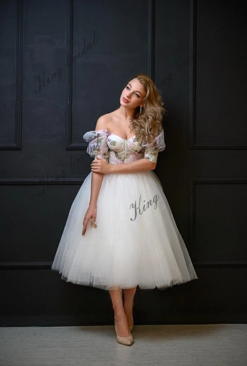 Elopement Teelange Brautkleider für den Empfang, kurzes Korsett-Hochzeitskleid mit Glockenärmeln, Midikleid, schlichtes kurzes Hochzeitskleid