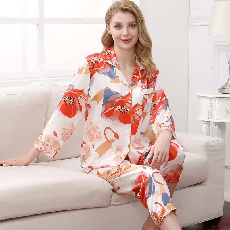 Birdtree Fall 16MM 100%Real Mulberry Silk Pajama Set Women Satin Print Pyjama Pj Suit Long Sleeve Bedroom Sleepwear Set P36637QC