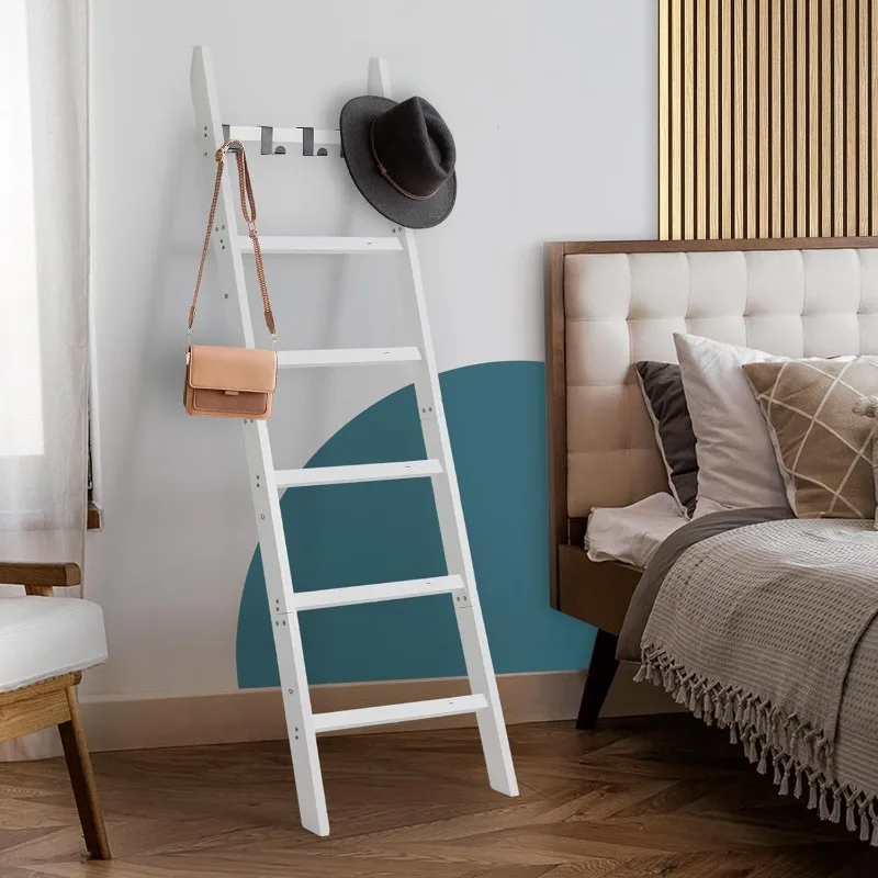 Blanket Ladders for The Living Room - 62 Inches - 6 Tiers Ladder Blanket Holder with Hooks, Non-Slip Pads