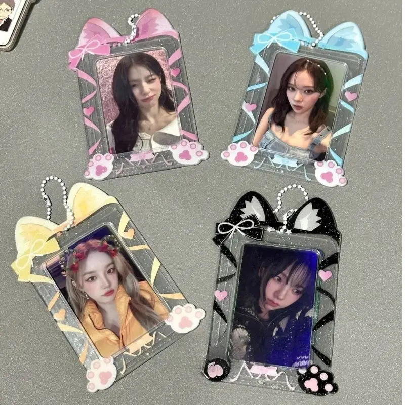 Cute Cat Photocard Holder Idol Photo Card Display Keychain Photo Albums Bag Hanging Pendant Decor Ribbon Photo Protector Case