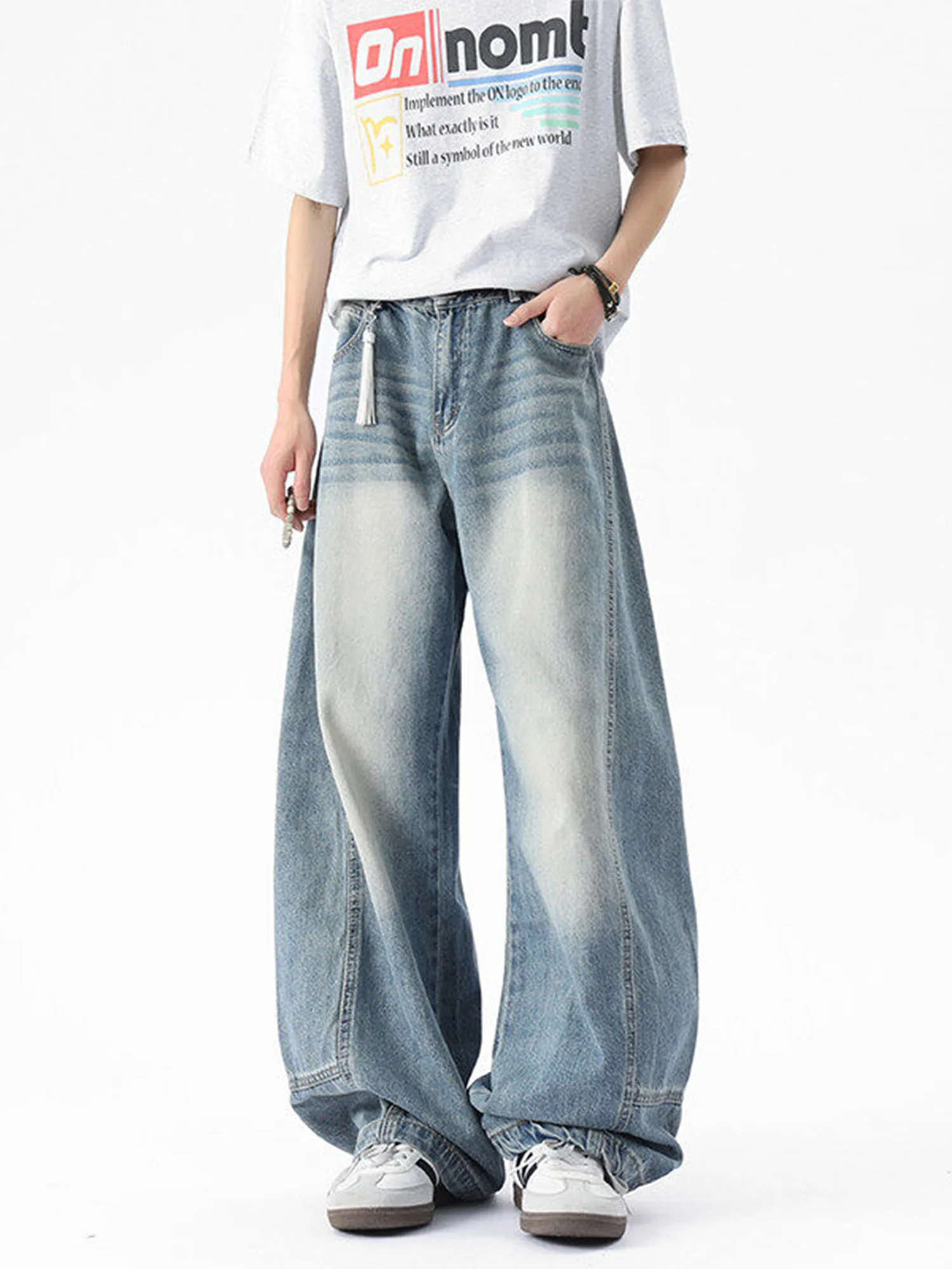 الرجعية الأمريكية Waed الدينيم الجينز الرجال عازمة سكين واسعة الساق مستقيم أنبوب فضفاض صالح الصيف العصرية ملابس شبابية تلاشى الجينز