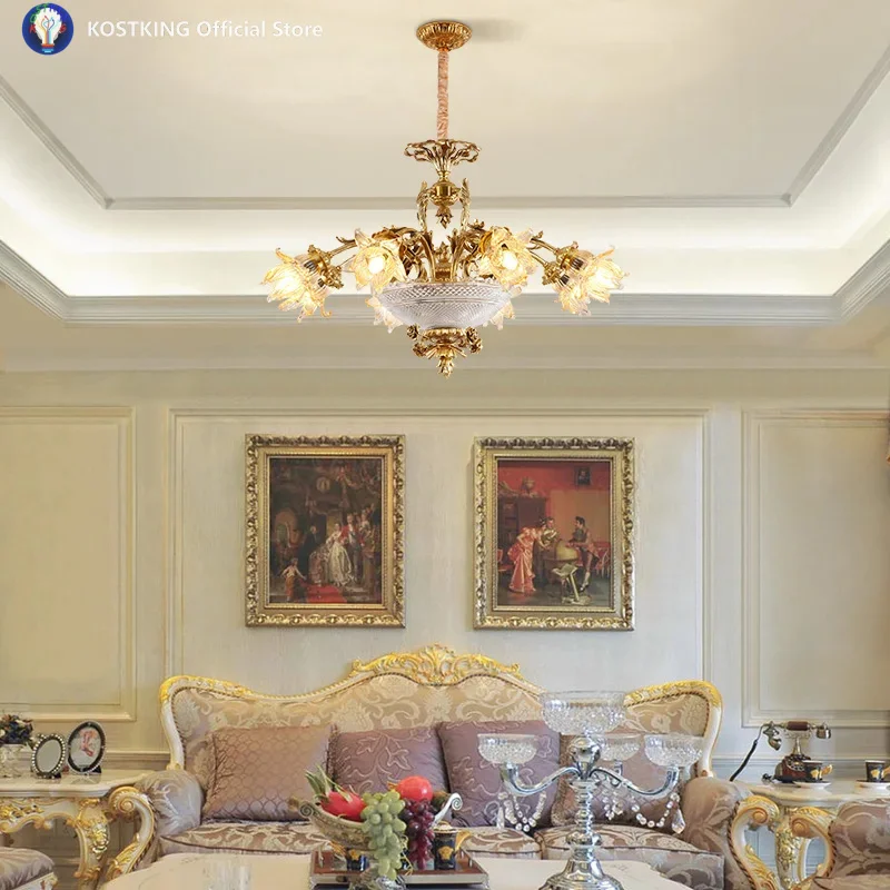 French Noble Elegant Glass Flower Decorated Living Room Led Brass Crystal Chandelier Pendant Light