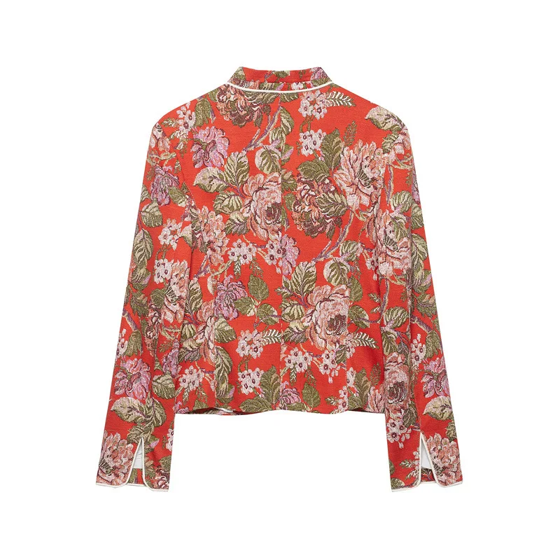 Casual Floral Print Stand Collar Suit Jacket Women's Short Outerwear Standard Fit Long Sleeve Button Closure Other Material