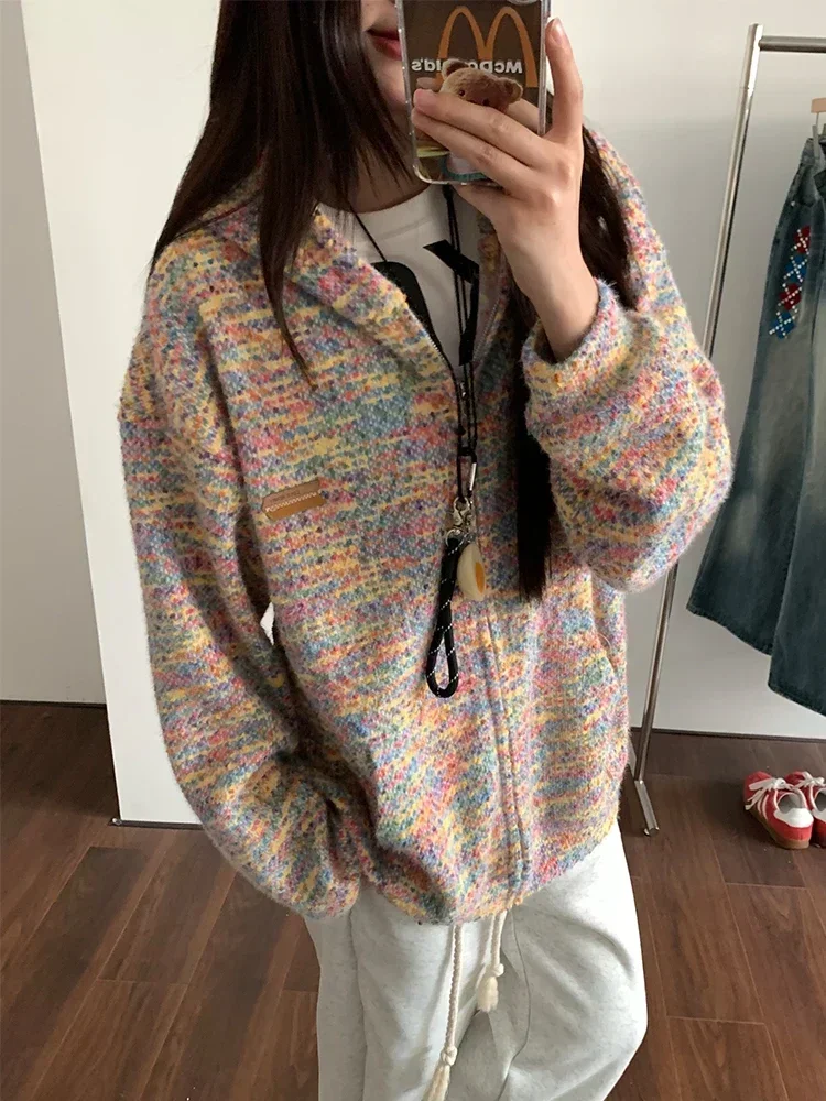 Sports Dopamine Color Polka Dot Hooded Sweater Women Spring and Autumn Roupas Loose Knitted Cardigan Hoodie Jacket Feminino