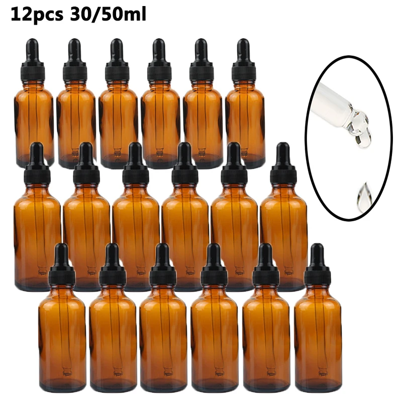 12szt 30ml 50ml Pusta butelka z zakraplaczem do wielokrotnego napełniania Butelki z pipetą ze szkła bursztynowego do olejków eterycznych Butelka z zakraplaczem w płynie do aromaterapii