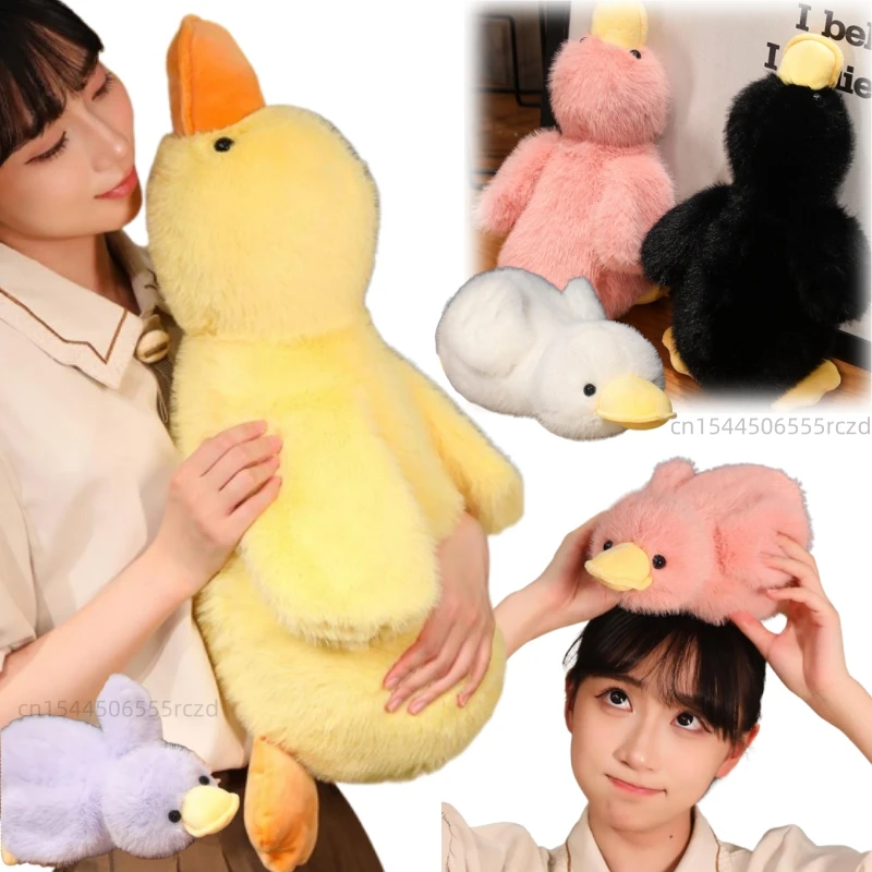 30/50/65cm Kawaii Long Hair Lying Duck Plush Doll Pillow Yellow Pink Purple Black White Duck Goose Plush Toy Gift For Boys Girls