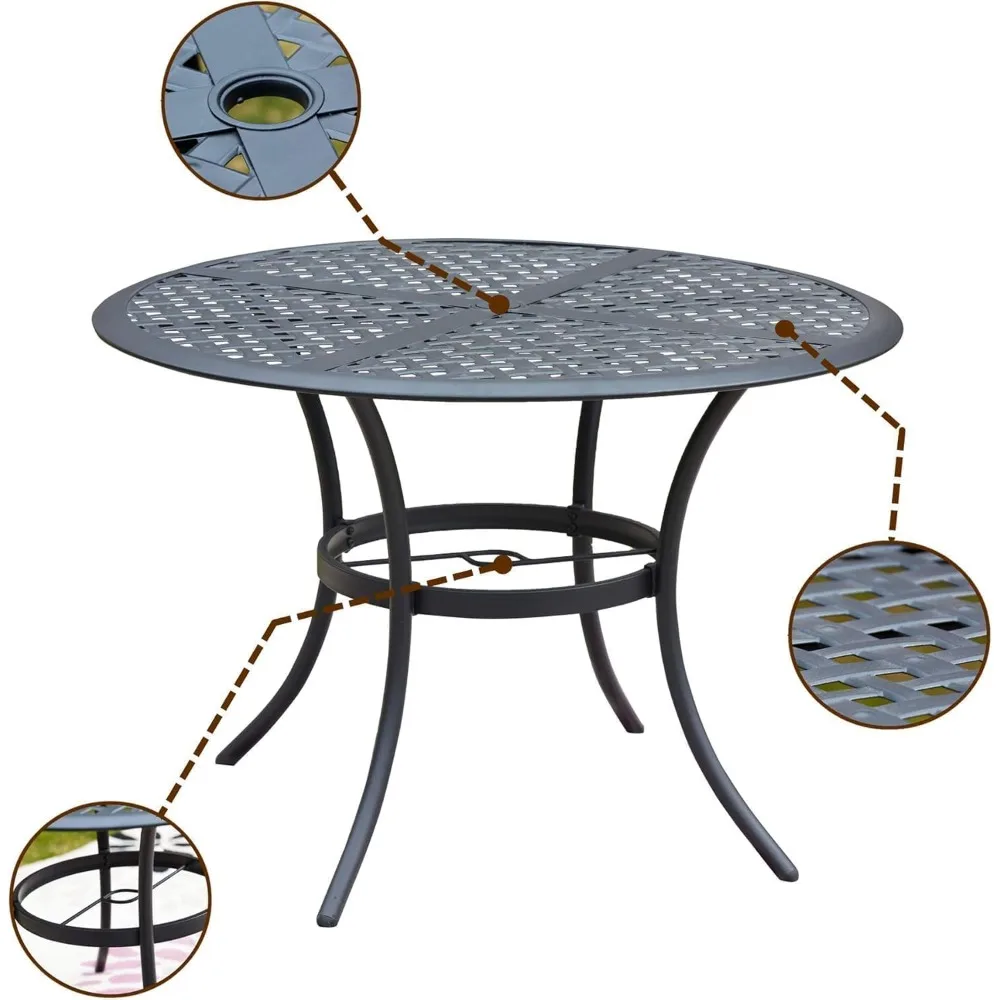 طاولة طعام مستديرة للفناء الخارجي مع فتحة مظلة، إطار فولاذي، مناسبة لسطح شرفة الحديقة الخلفية #4