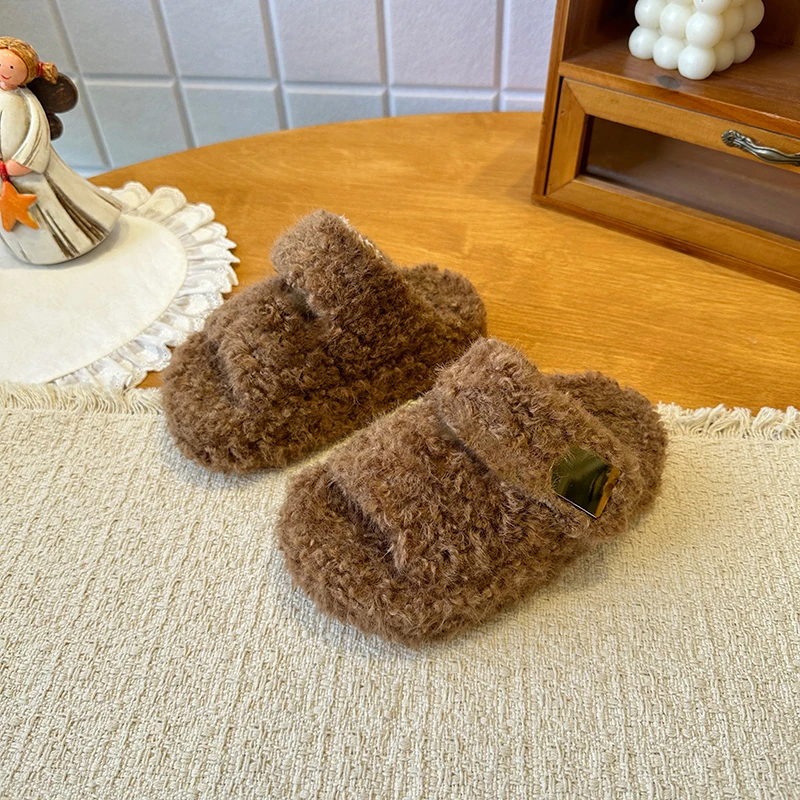 New Children Winter Fluffy Faux Fur Slippers Cold Proof Parent-child Home Shoes for Bedroom Kids Shoes Girls Outdoor Slippers