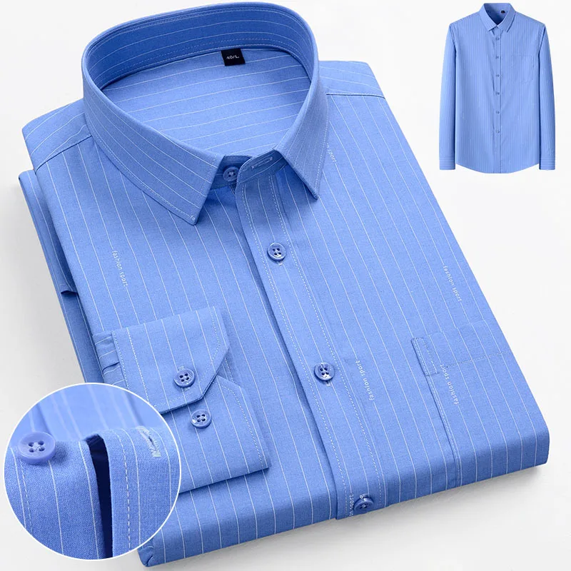 Men's Bamboo Fiber Long Sleeved Wrinkle-Free Comfortable Breathable Fit Striped Solid Shirts Business Casual Blouses Plus Sized