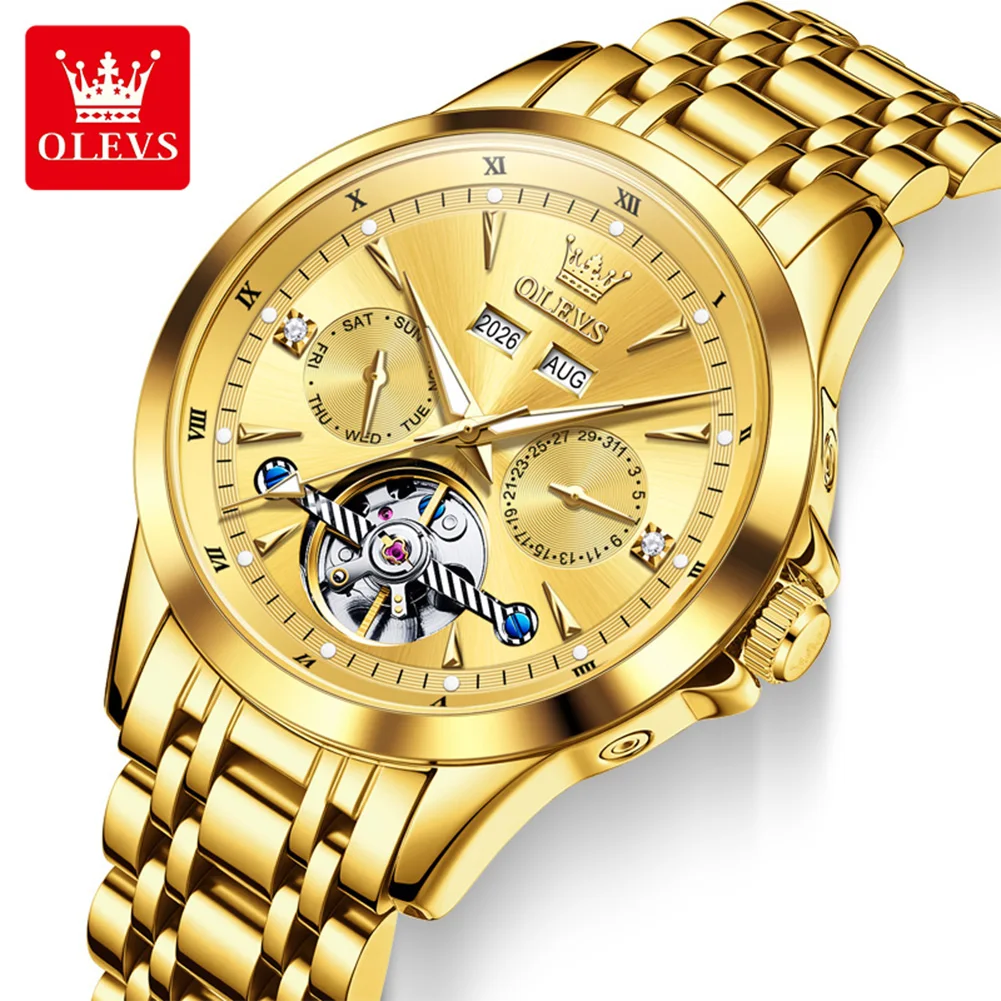 

OLEVS 7091, автоматические мужские часы, роскошные полые маховики, календарь из нержавеющей стали, водонепроницаемые светящиеся механические часы для мужчин
