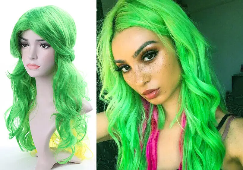 Wig rambut sintetis kuning hijau wanita, hadiah Cosplay berombak panjang untuk perempuan