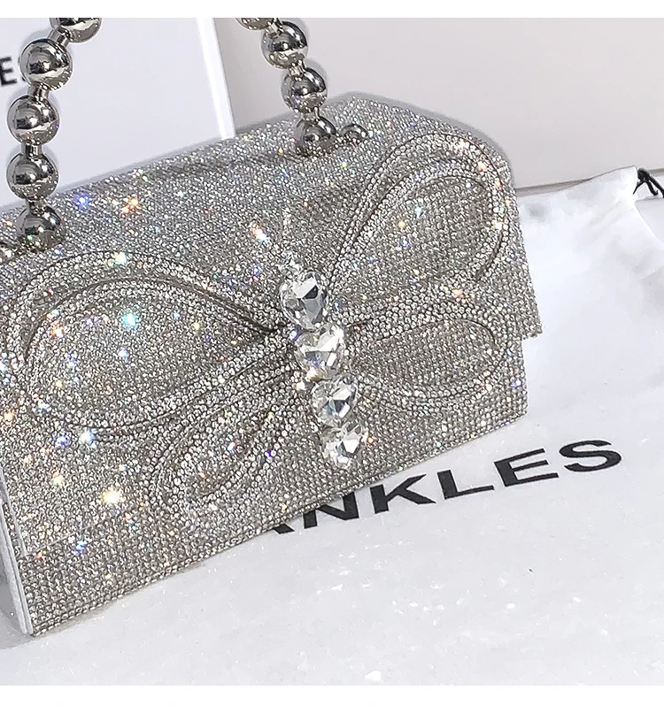 Glitter Bow Knot Square Box Women Handbag Shiny Rhinestone Diamond Evening Bag Wedding Party Clutch Purse Shoulder Crossbody Bag