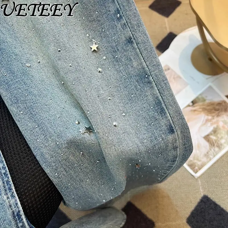 Rhinestone Pendant Design High Waist Wash Jeans Women's Spring Loose Slimming and All-Matching Straight-Leg Denim Pants