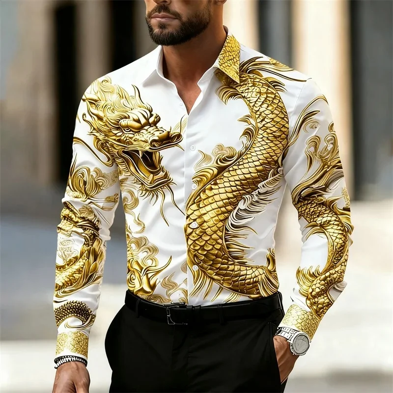 Men's Shirt Long Sleeve Shirt Chinese Dragon HD Pattern 3D Printing Lapel Fashion Casual Street Top, High Quality Fabric