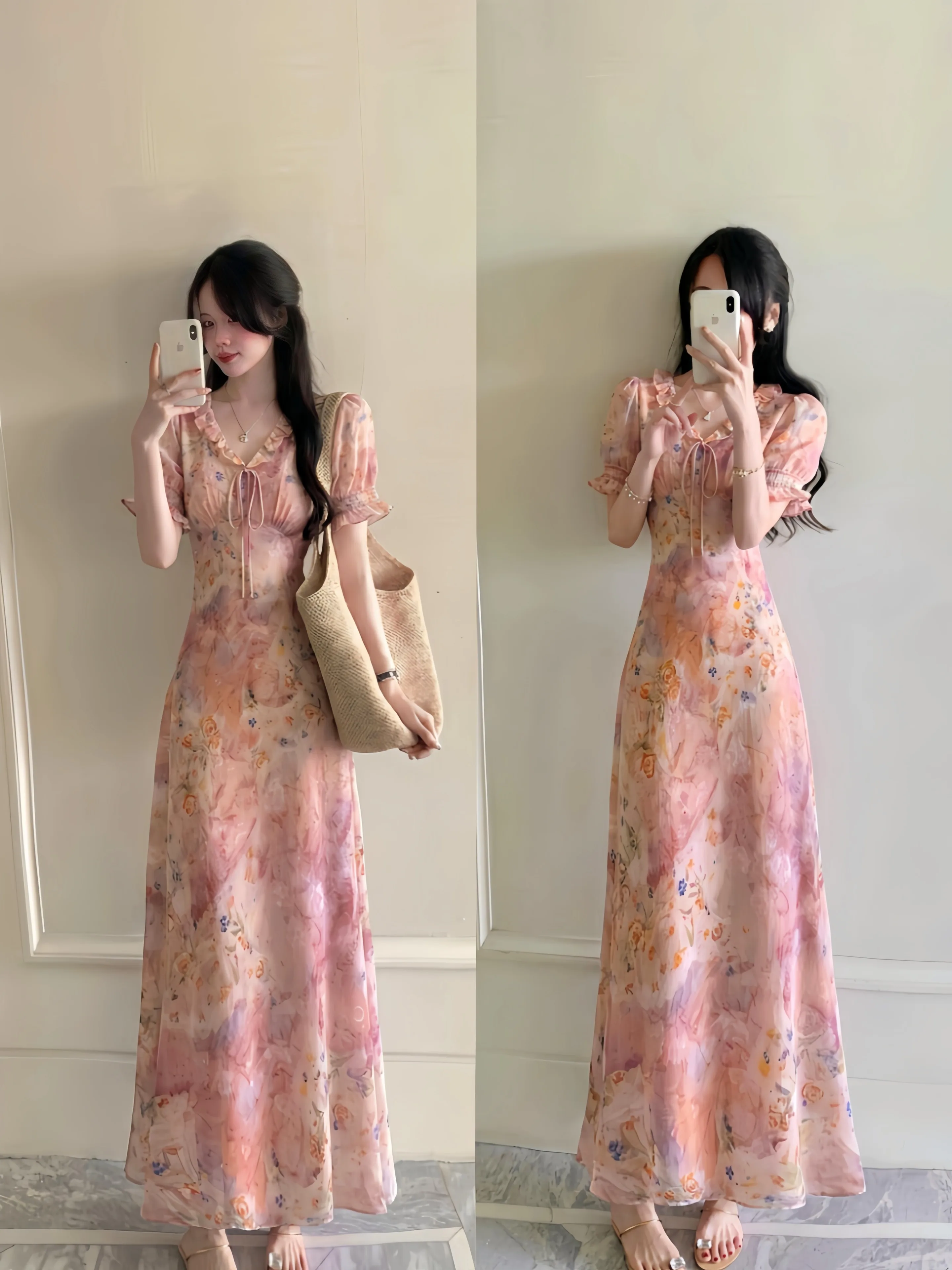 

Summer Floral Print Midi Dress Slimming Waist Design for plus Size Women Gentle Style A-Line Skirt Short Sleeve V-Neck Dress