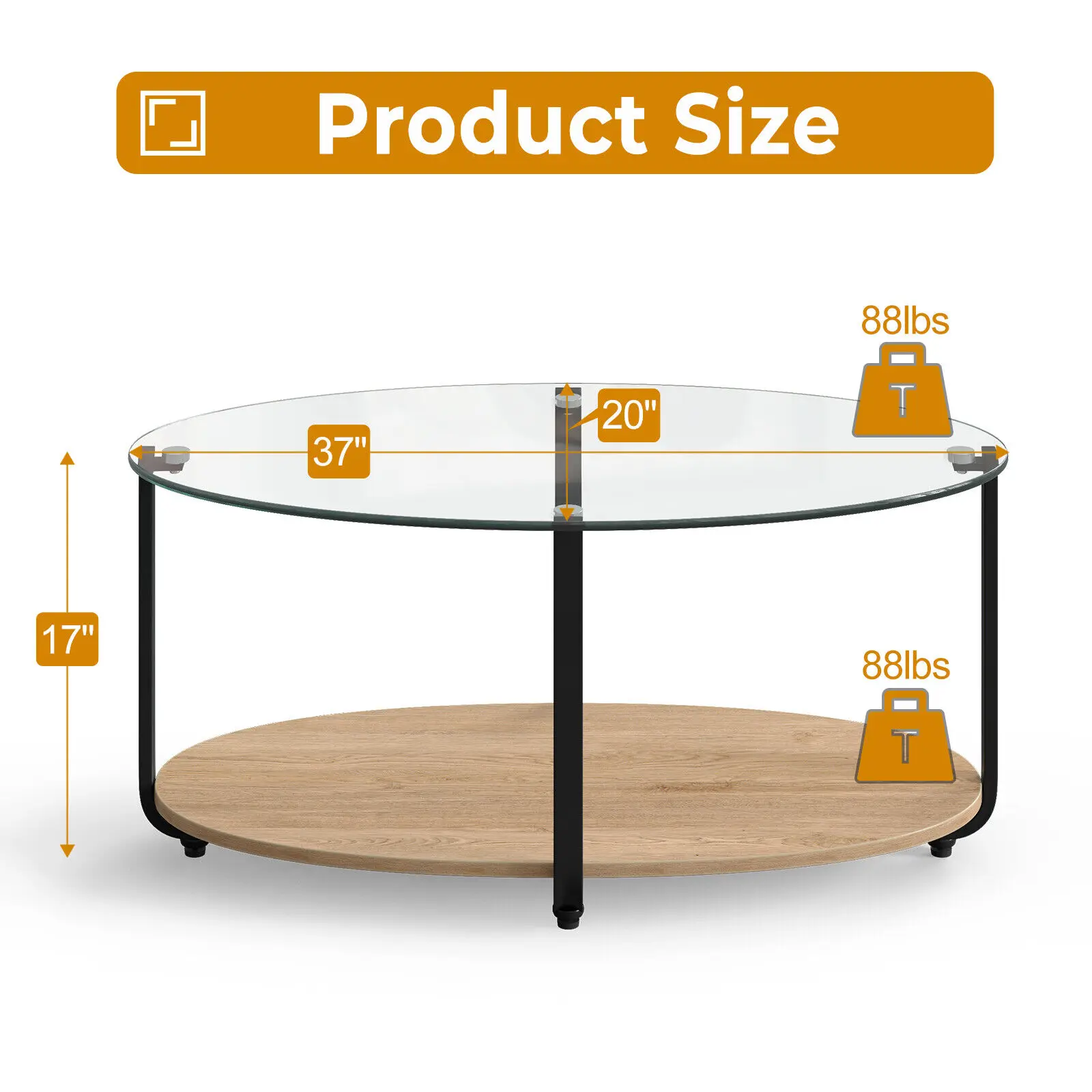 Glass-Top Coffee Table 2-Tier Modern Oval Side Sofa Table w/ Storage Shelf