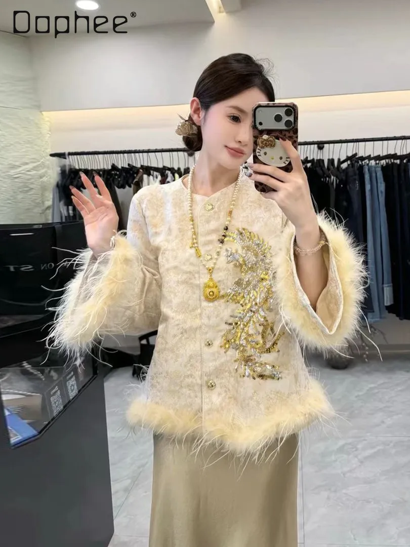 

New Chinese Style High-End Light Luxury Ostrich Feather Patchwork Long Sleeve Thickened Coat Winter Sequin Print Retro Coats